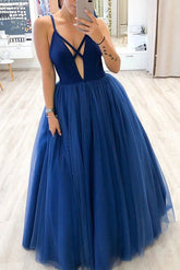 Charming Ball Gown Deep V-neck Royal Blue Long Prom Dresses with Straps